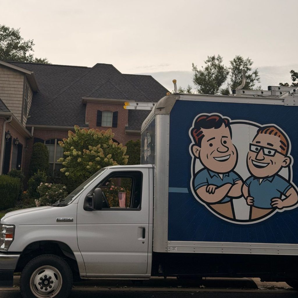The Brothers That Just Do Gutters truck on a Northwest Arkansas job